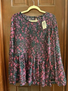 torrid Black Floral Smocked Peplum Tunic with Pink and Purple Print